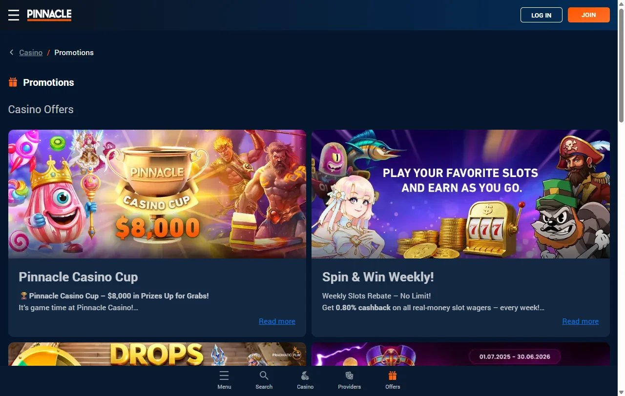 Juegos de tragaperras, mesa en vivo y entretenimiento disponible en Pinnacle Casino España