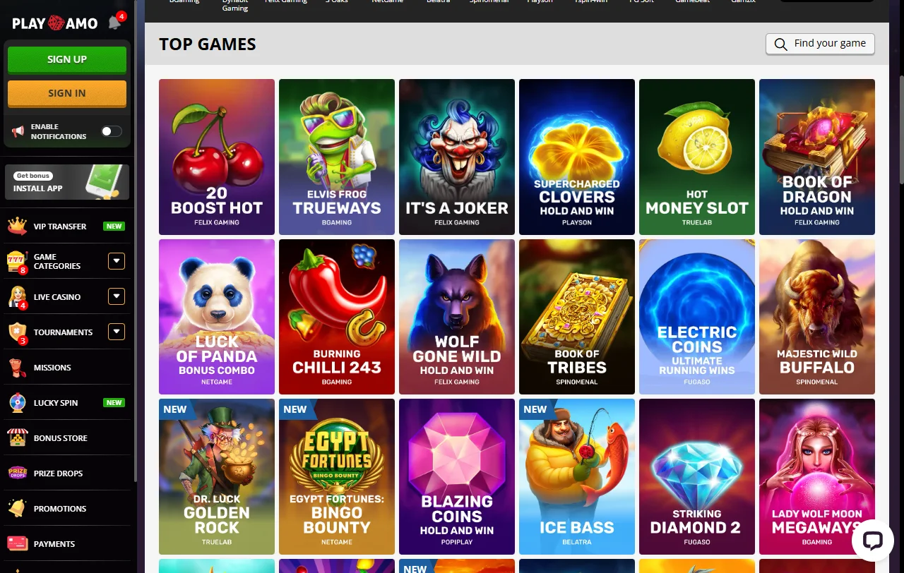 PlayAmo Casino con slots, live casino y proveedores internacionales destacados
