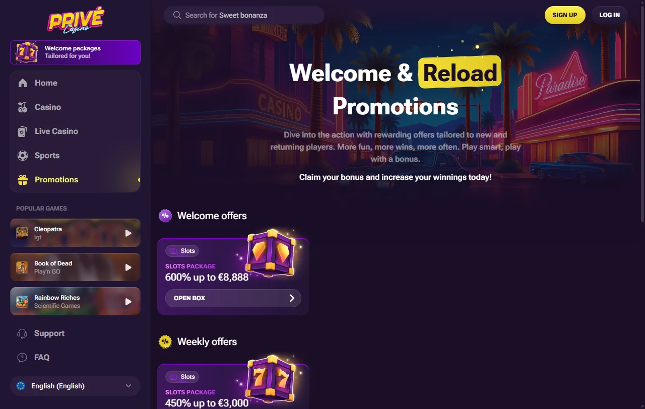 Bonos promociones Privé casino España bienvenida