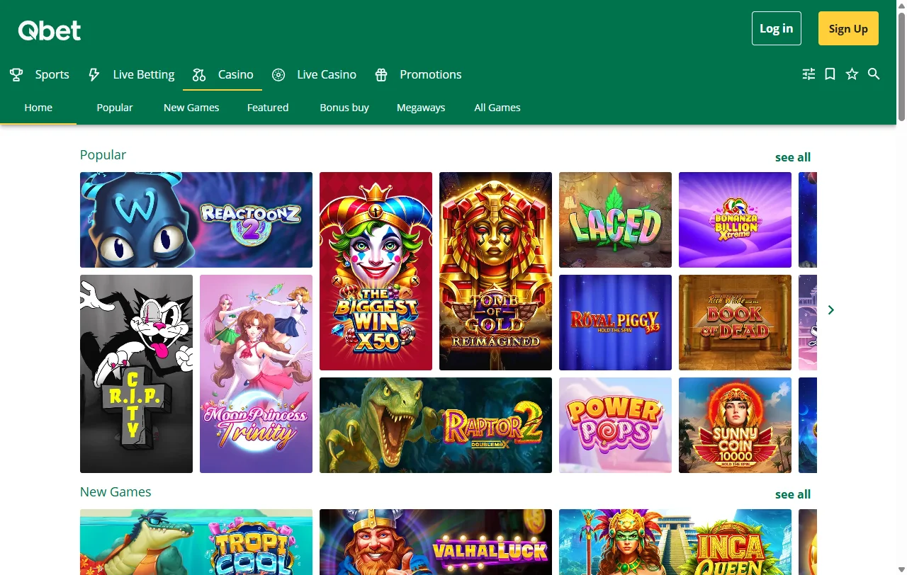 Catálogo de juegos, máquinas tragaperras y opciones en vivo disponibles en Qbet Casino España
