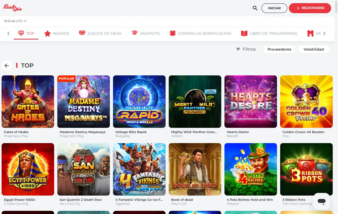 Selección juegos proveedores destacados RealSpin Casino España