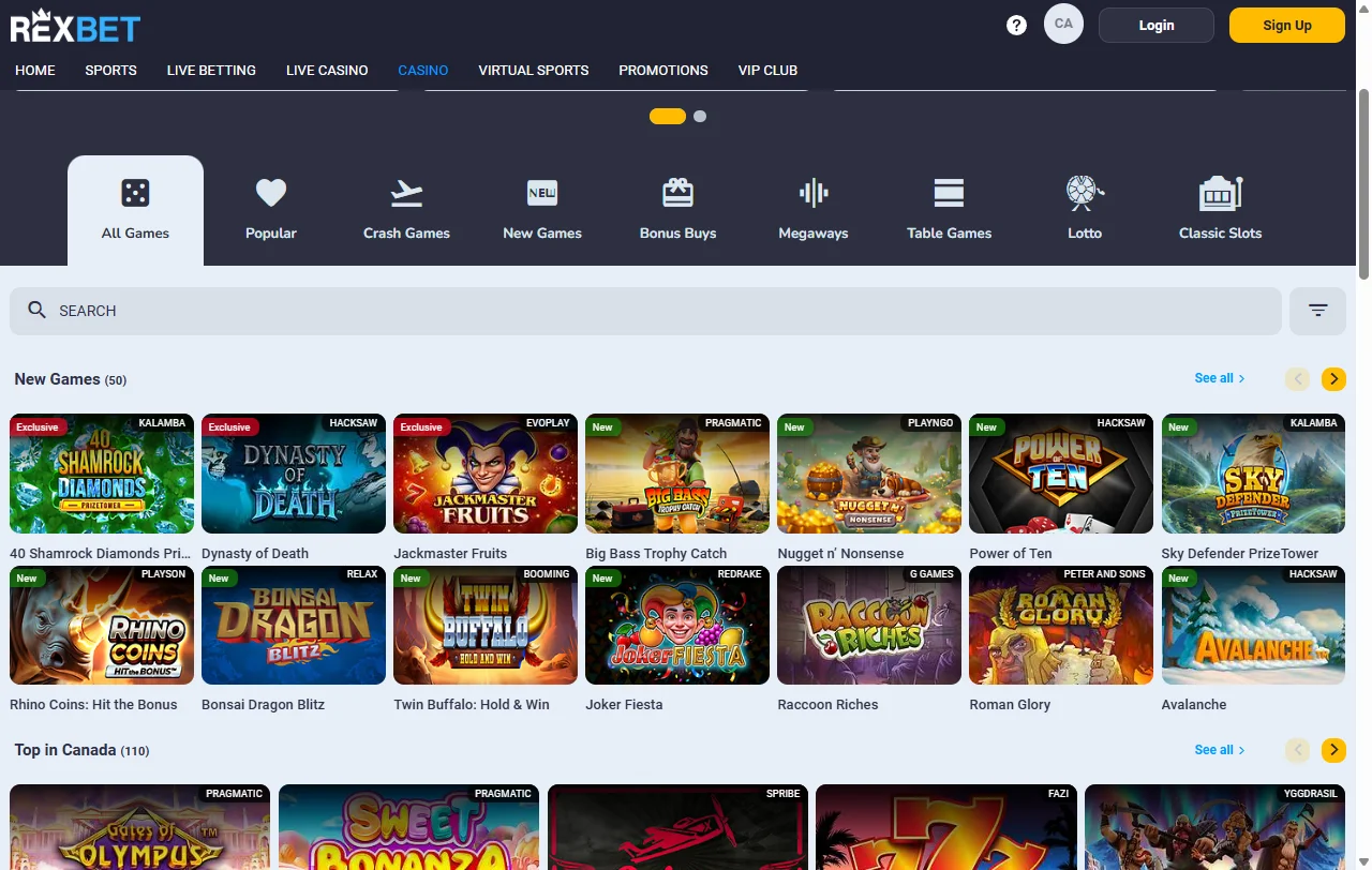 Selección juegos y proveedores en Rexbet Casino España