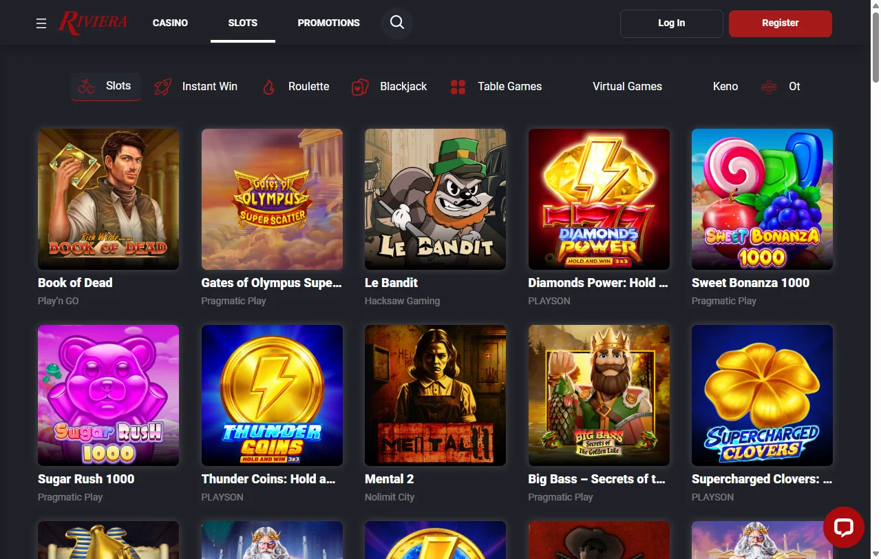 Riviera Casino catálogo de juegos con slots y directo
