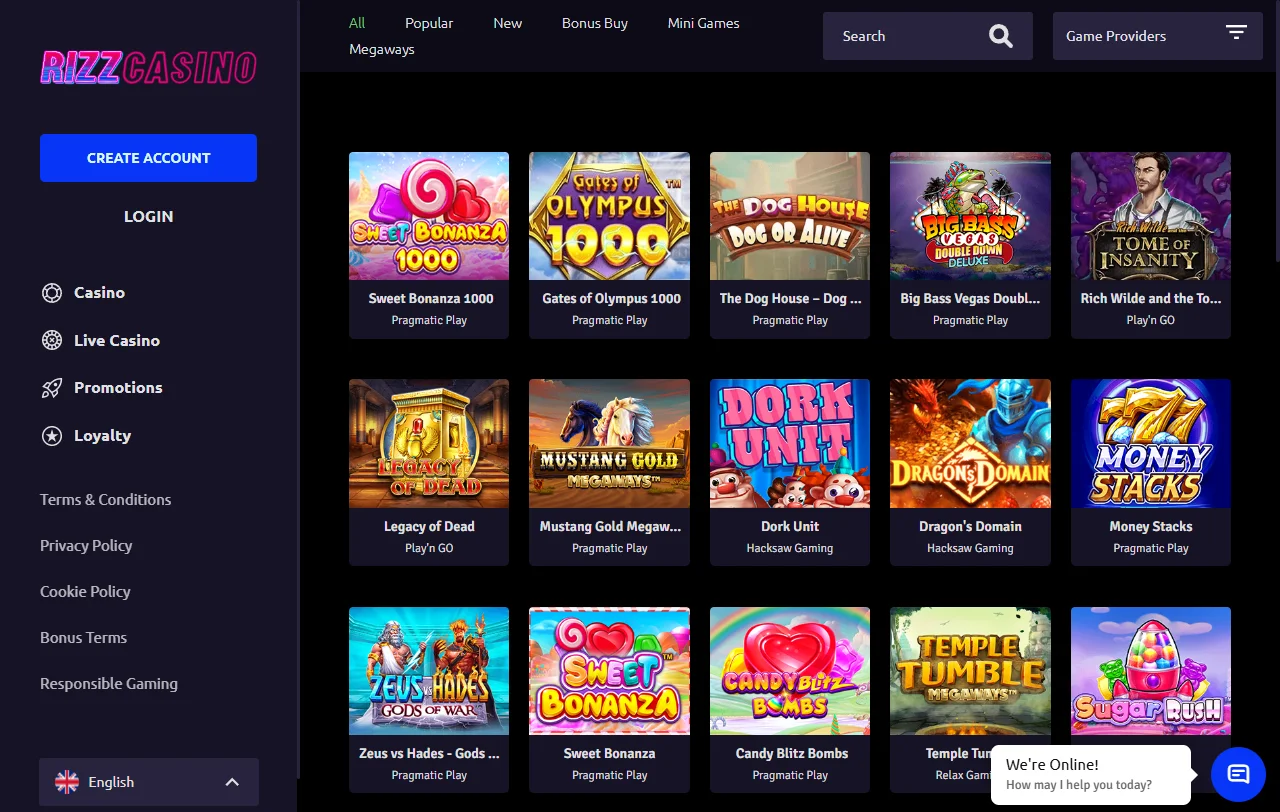 Selección juegos y proveedores en Rizz casino España