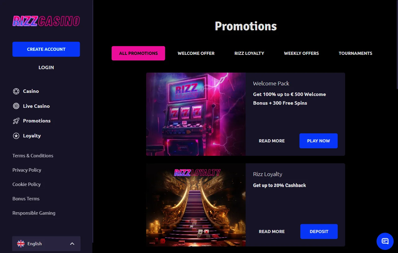 Promociones y bonos disponibles Rizz casino España