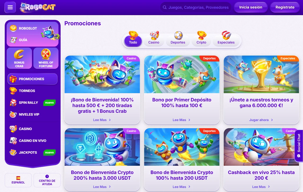 Slots mesas y proveedores catálogo RoboCat Casino España