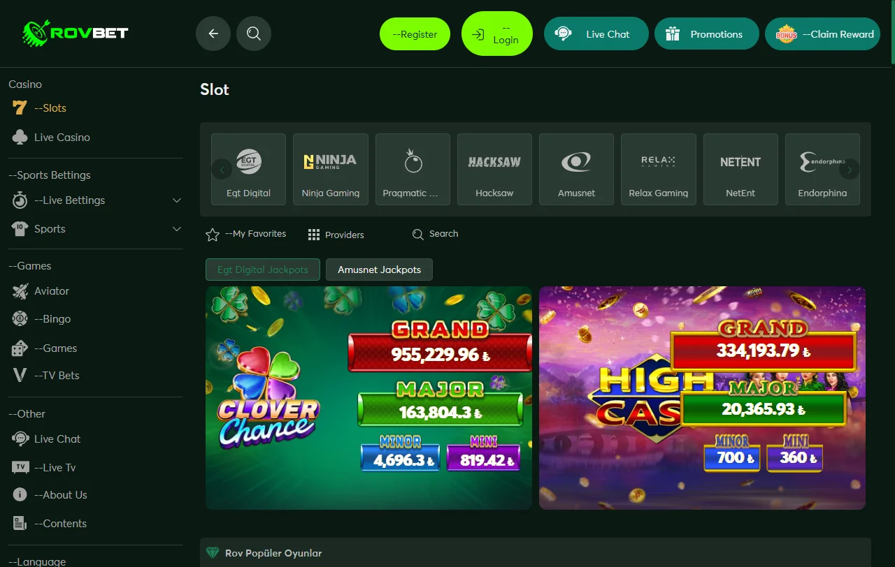 Rovbet Casino con catálogo de slots y juegos en vivo