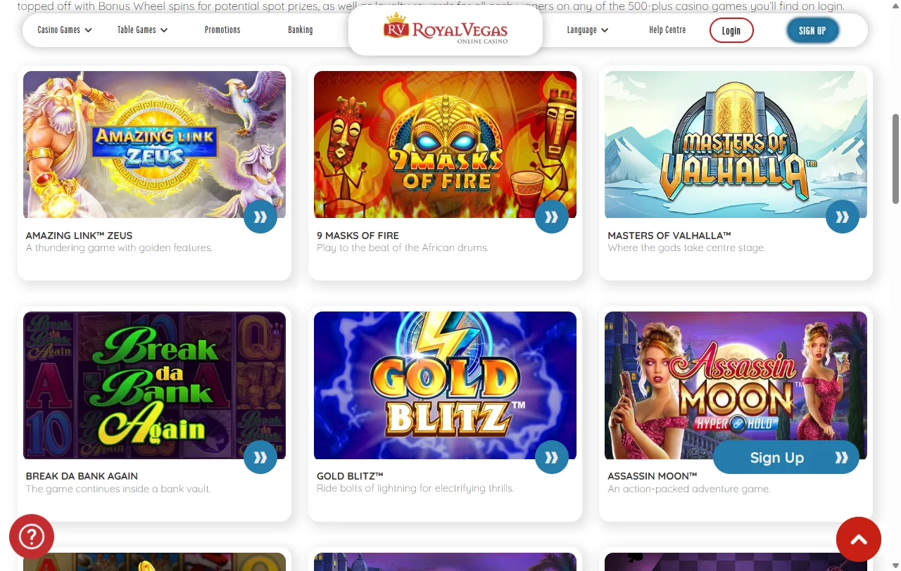 Catálogo de juegos y proveedores en Royal Vegas Casino