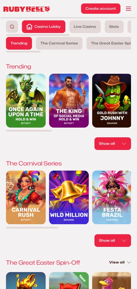 Depósitos, retiros y pagos en Ruby Reels Casino