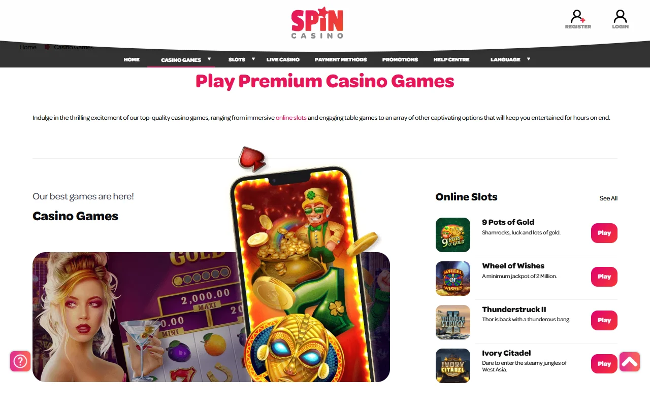 Juegos slots mesas en vivo Spin Casino España catálogo