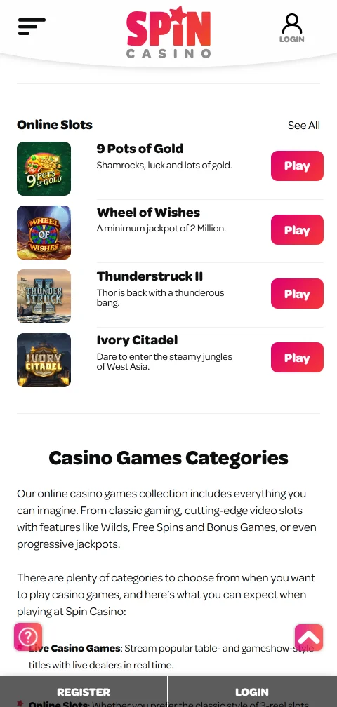 Pagos depósitos retiros Spin Casino España métodos