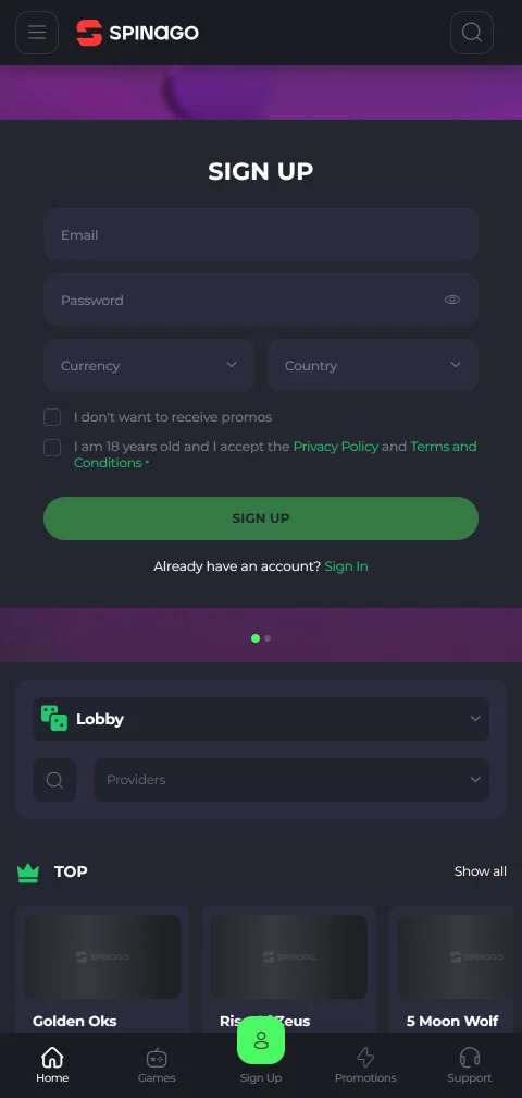 Spinago Casino en móvil con acceso y compatibilidad