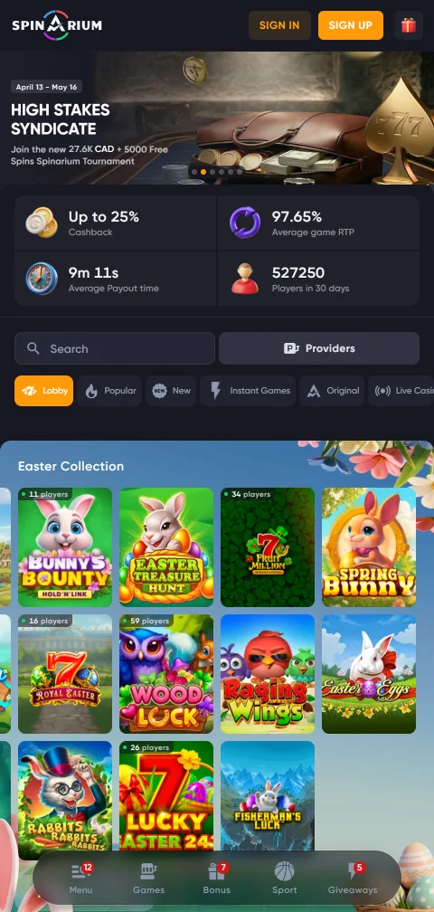Spinarium Casino adaptable para jugar desde móvil