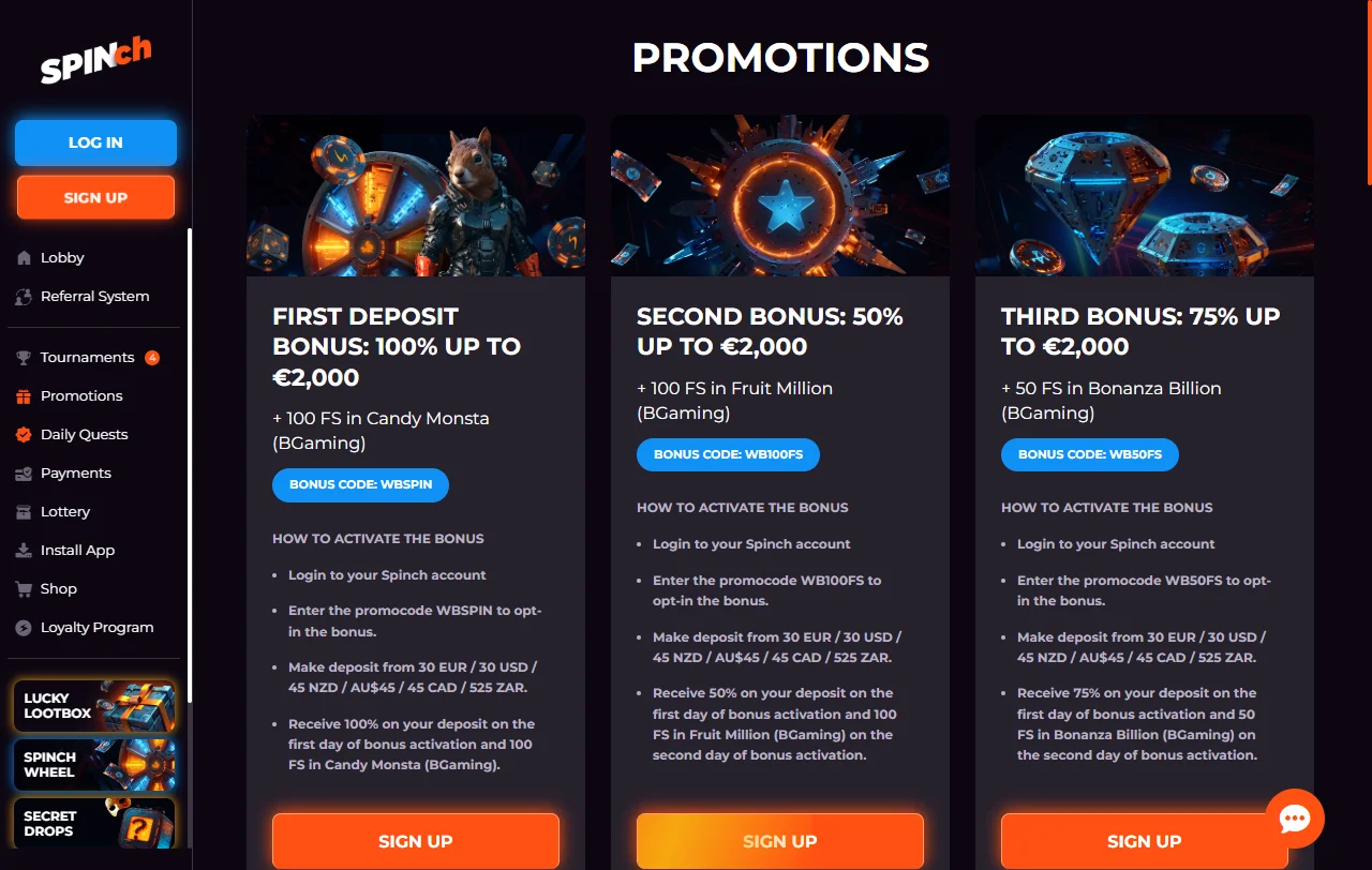 Juegos slots y proveedores en Spinch Casino España catálogo