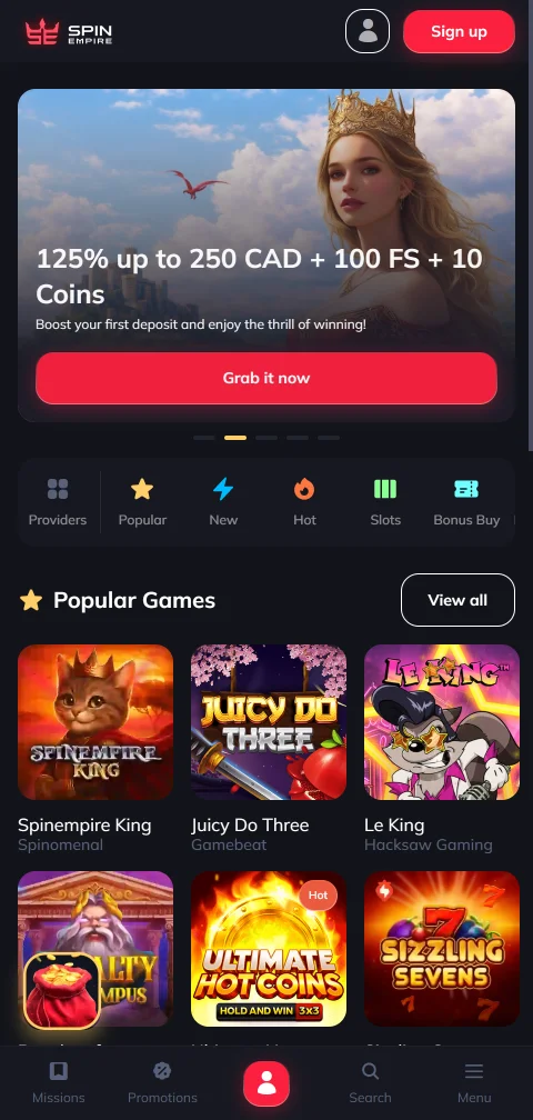 Juego móvil responsive SpinEmpire Casino España accesible