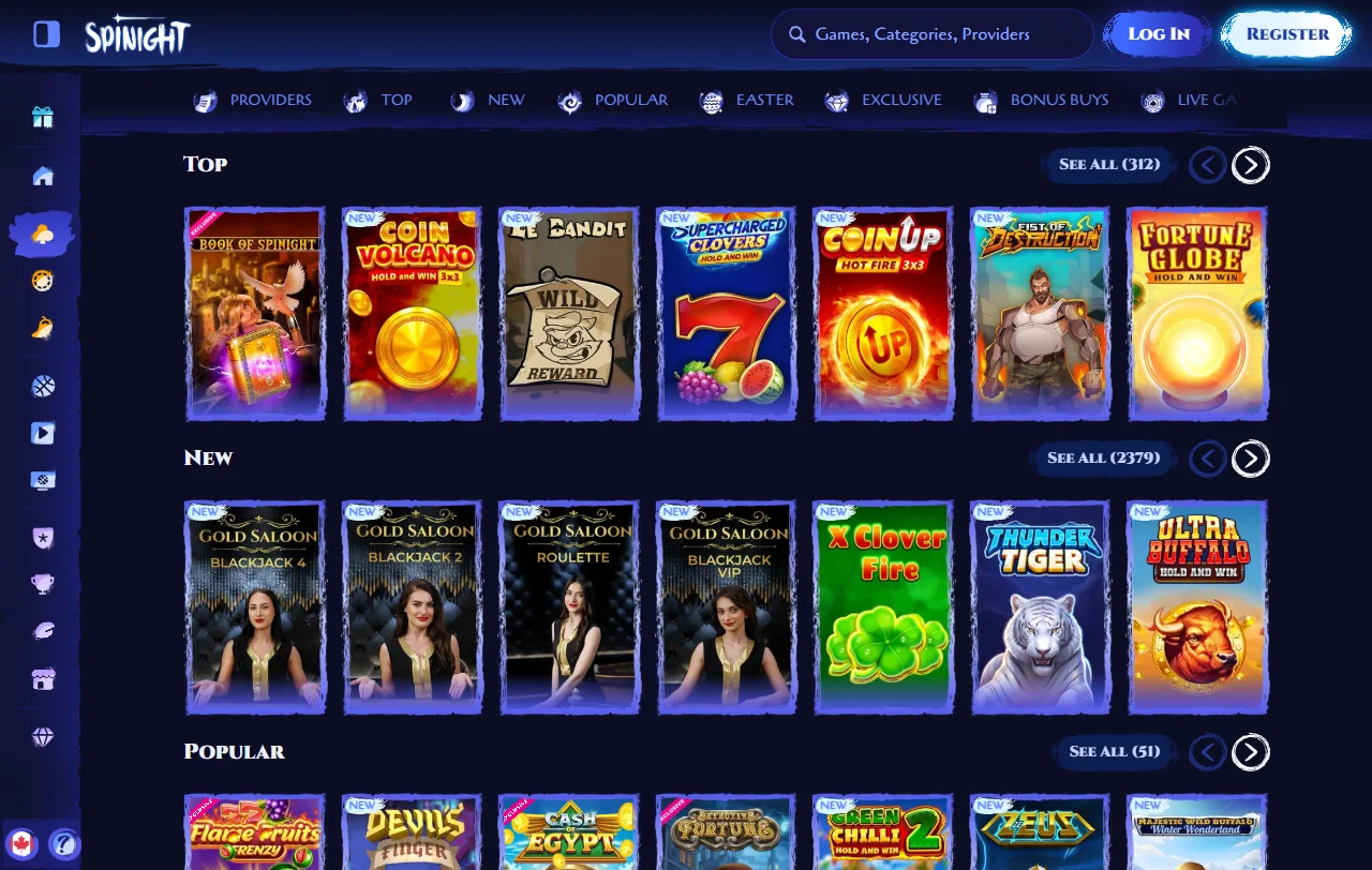 Juegos slots mesas live en Spinight Casino España