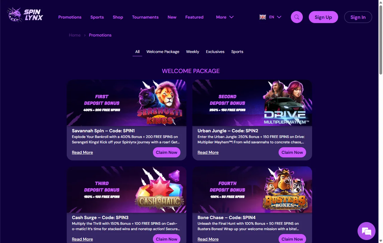 Oferta de juegos y proveedores en Spinlynx Casino