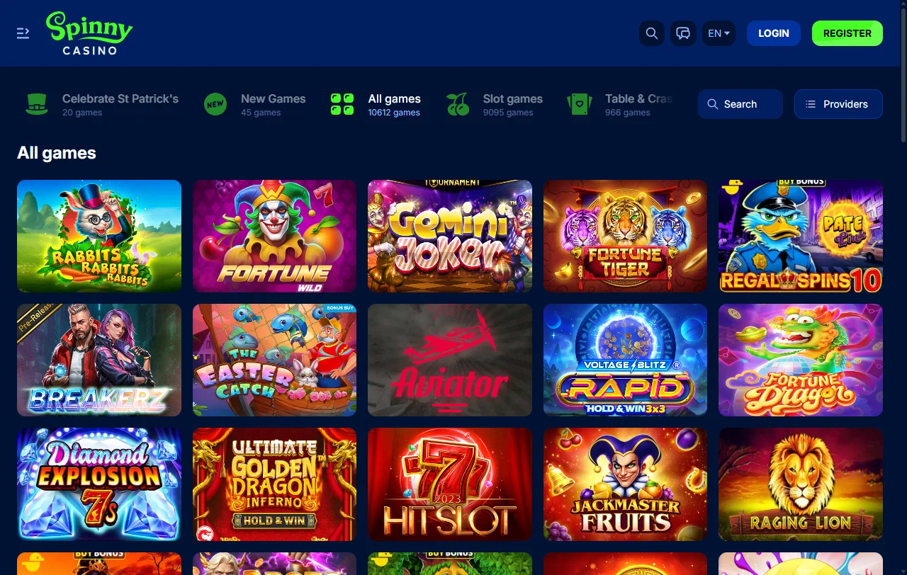 SpinnyCasino catálogo de tragaperras, mesas y directo