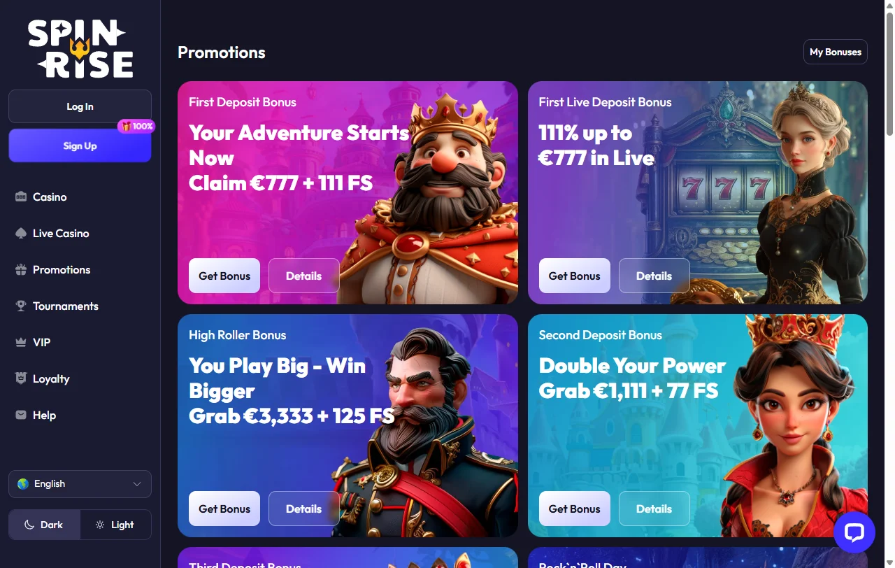 Juegos, tragaperras y opciones en vivo en Spinrise Casino