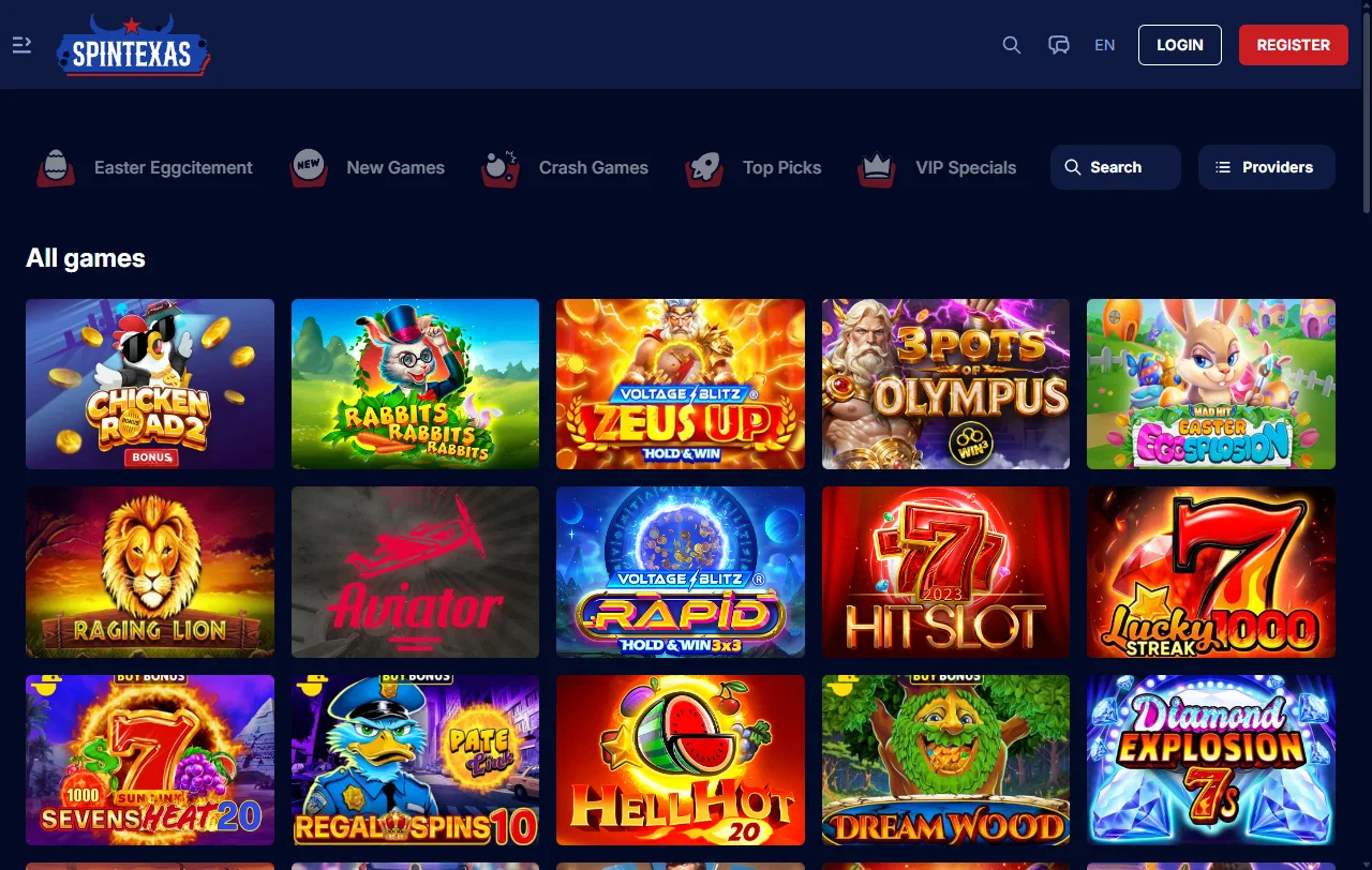 Selección juegos y proveedores en Spintexas Casino España