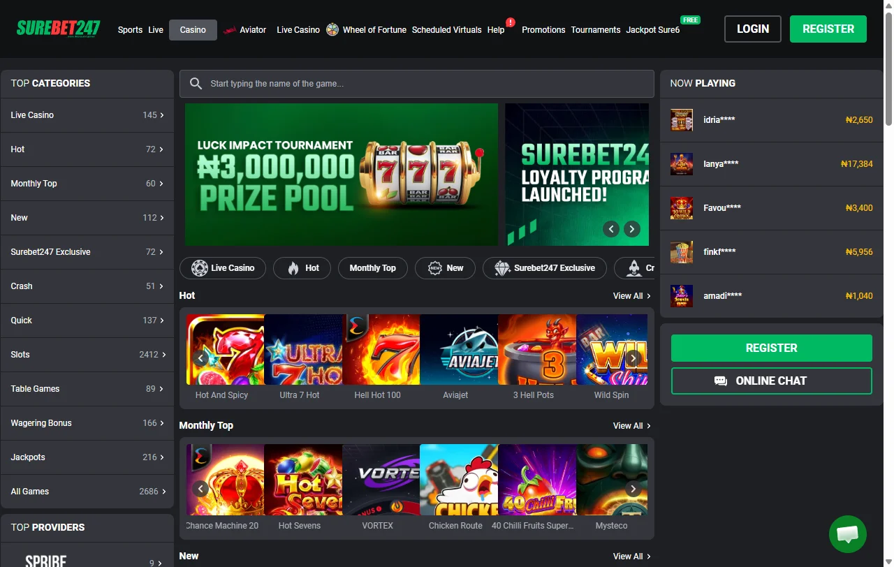Juegos slots y proveedores en SureBet247 Casino España catálogo
