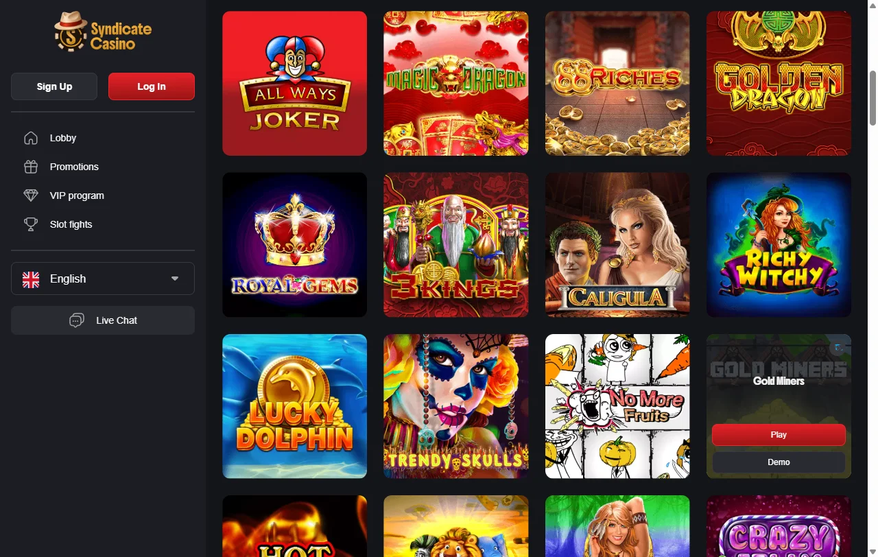 Slots mesas proveedores Syndicate Casino España catálogo