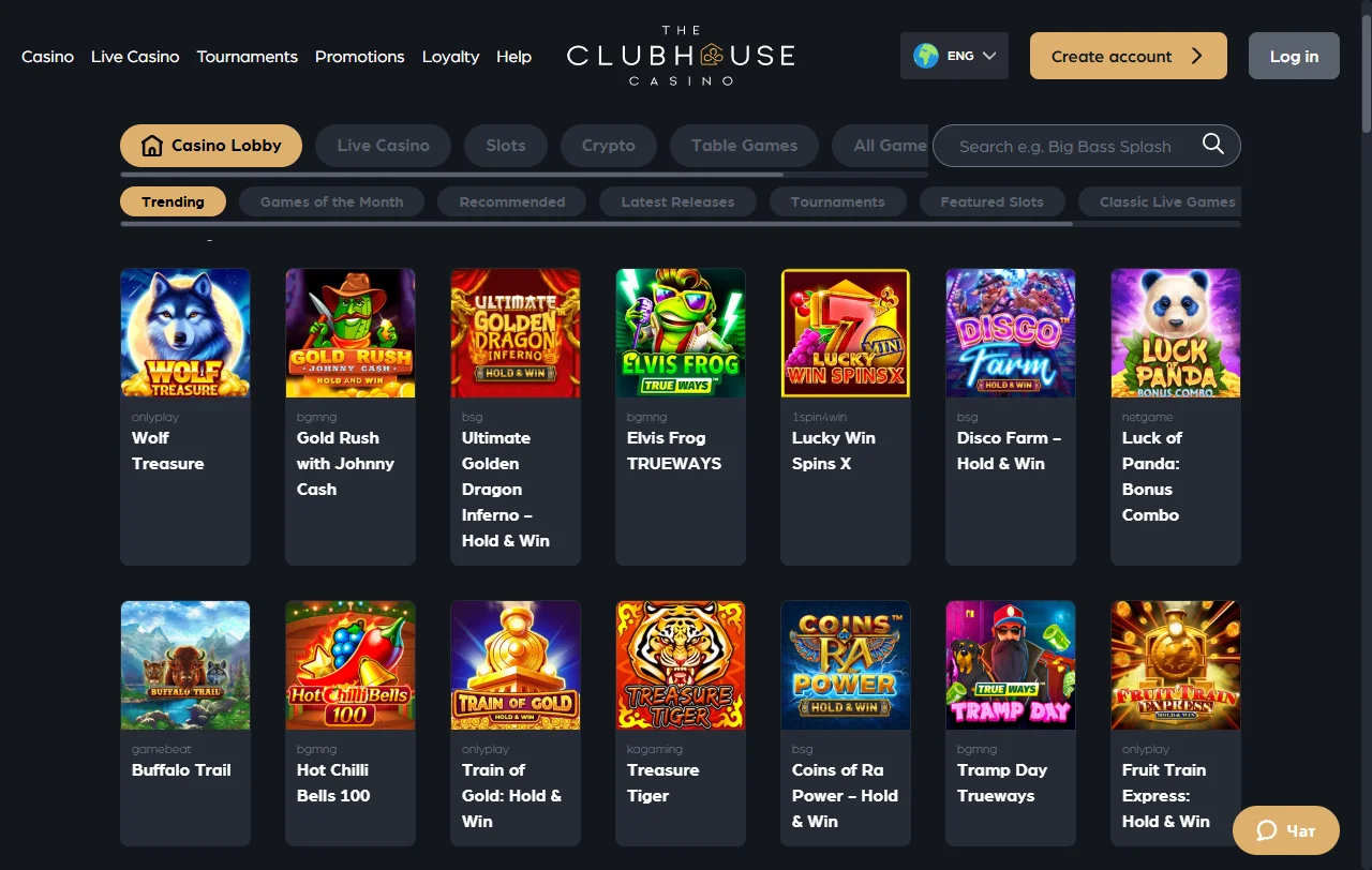 Catálogo slots y proveedores en The Clubhouse Casino España