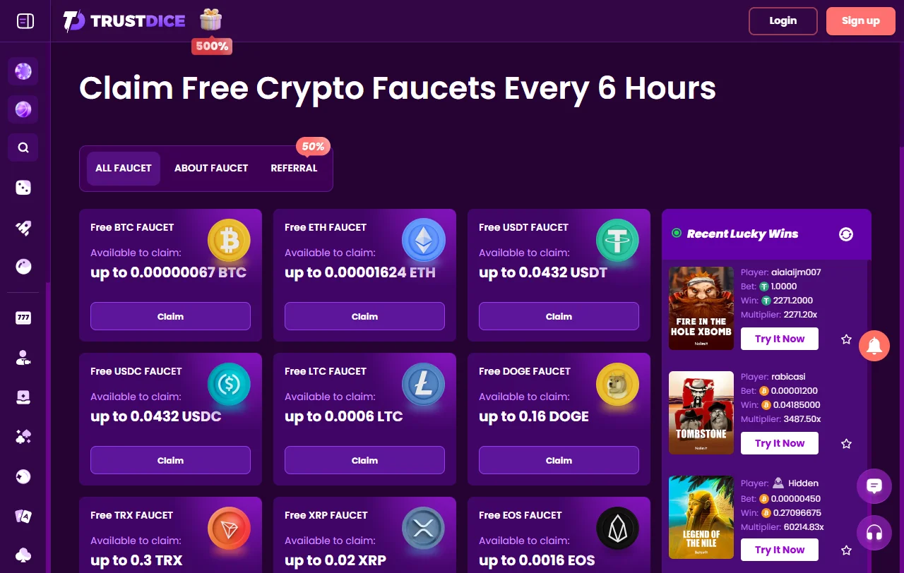 Juegos, tragaperras y casino en vivo en Trust Dice casino