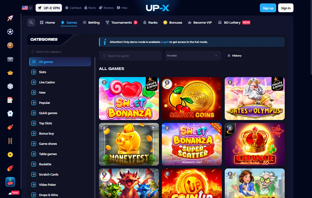 Slots mesas en vivo proveedores Up-X Casino España destacados