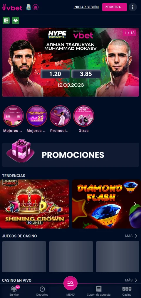 Juego móvil responsive Vbet casino España accesible