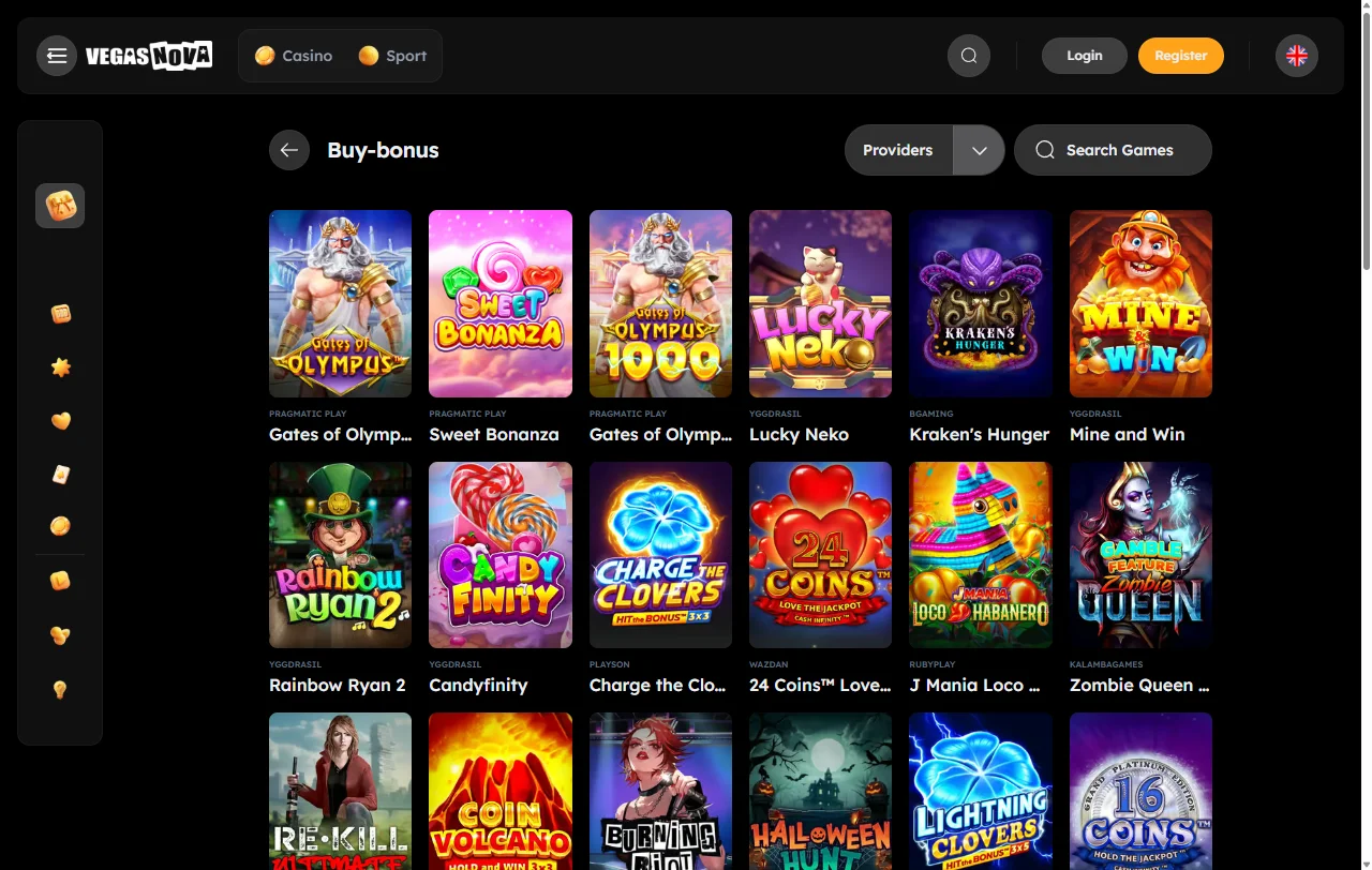 Catálogo slots mesas live Vegas Nova Casino España proveedores
