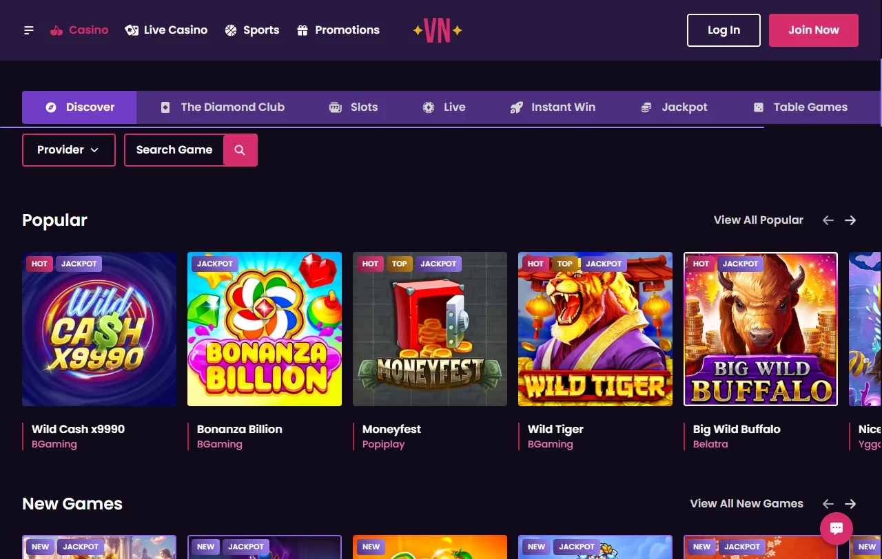 VegasNow Casino juegos y oferta de entretenimiento variada
