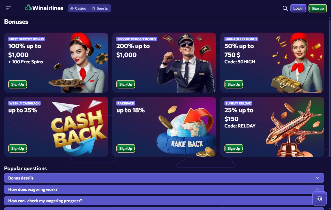 Catálogo de juegos y proveedores en WinAirlines Casino