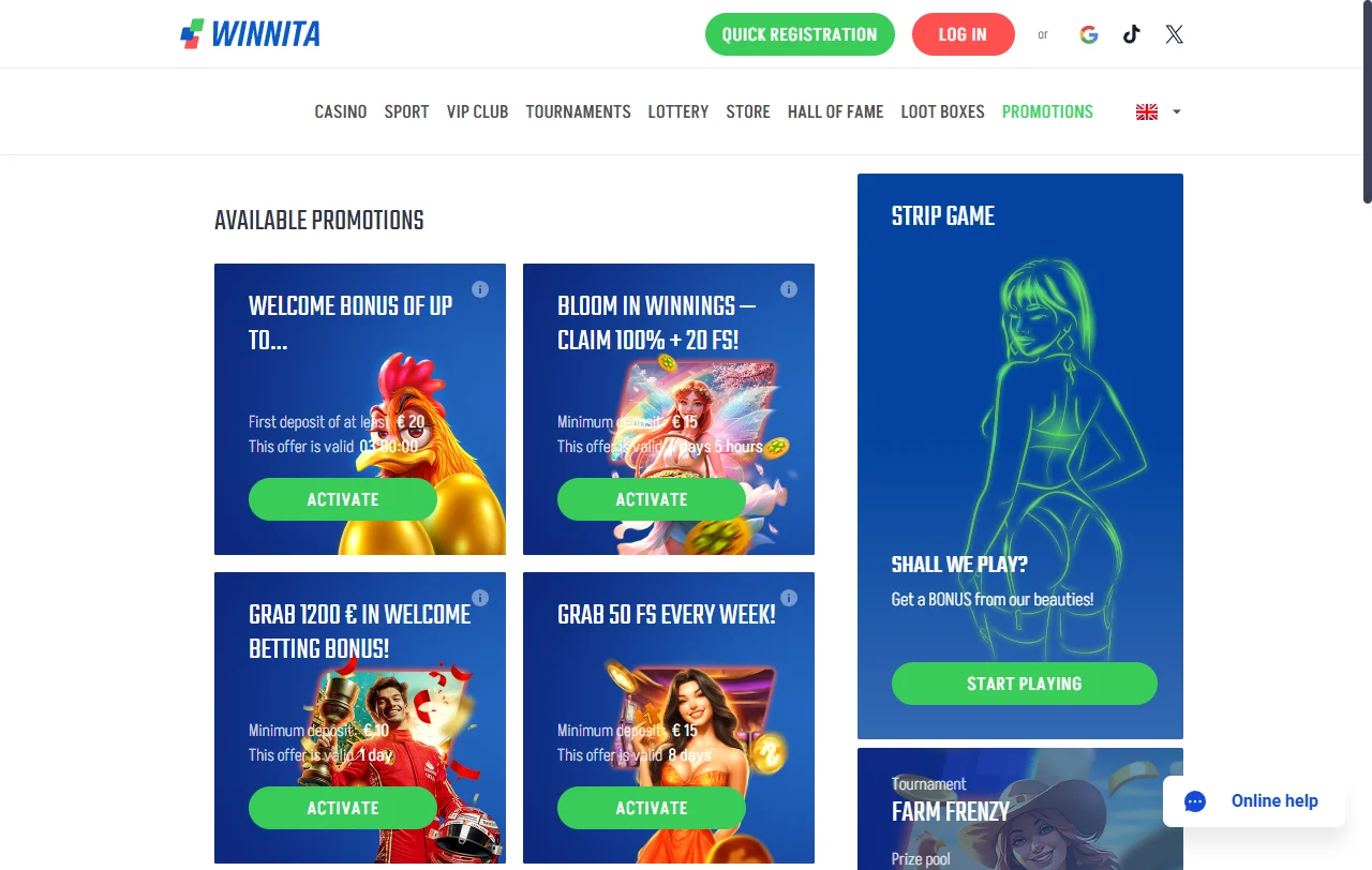 Bonos promociones bienvenida ofertas Winnita casino España